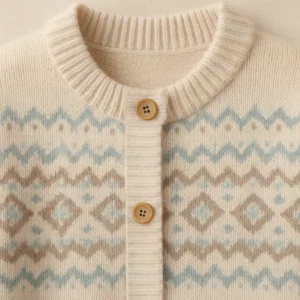collar and button detail of light color Fair Isle Cardigan