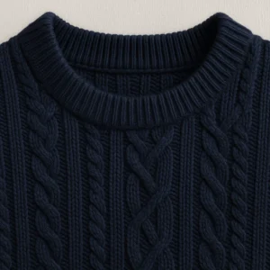 collar detail of navy blue knit cable pullover