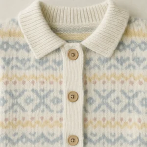 collars and button detail of light color Fair Isle Cardigan