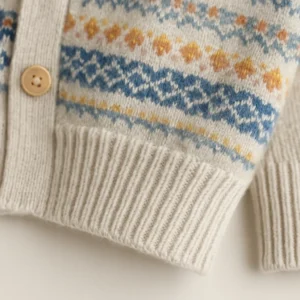cuff hem button detail of light color Fair Isle Cardigan