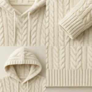 detail of classic cable knit hoodie
