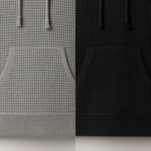 detail pocket of waffle knit pullover hoodie