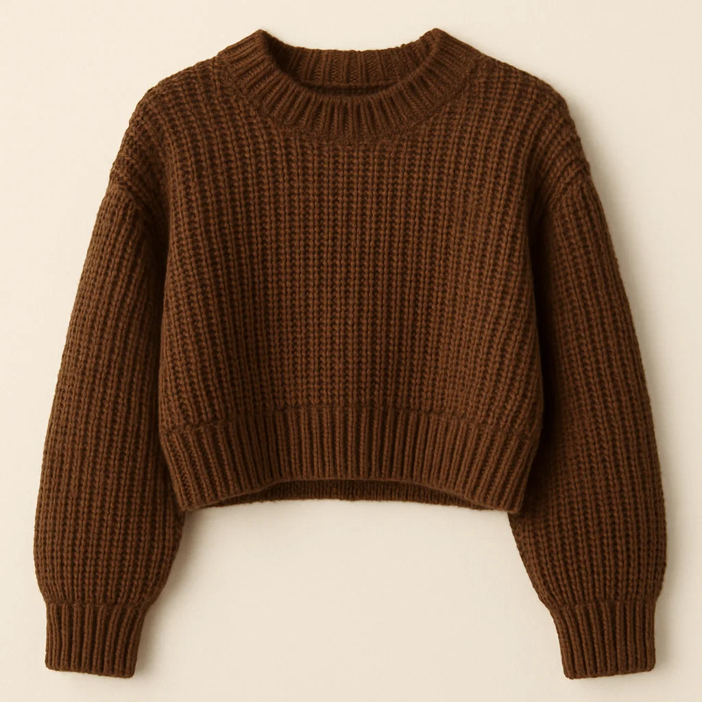 rib neck hem custom cropped cable knit sweater exporter