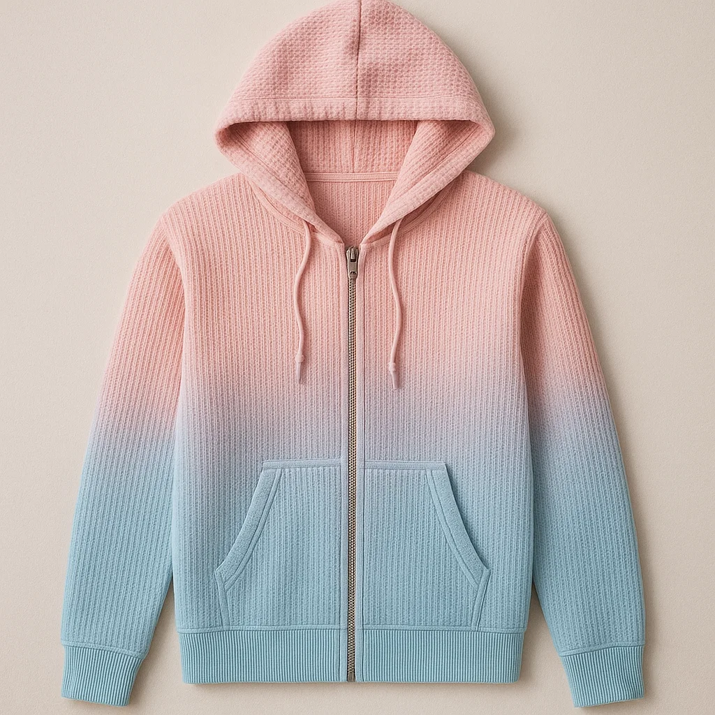 Fine gauge yarn Textured Waffle Full Zip Knit Hoodie contract manufacturing China