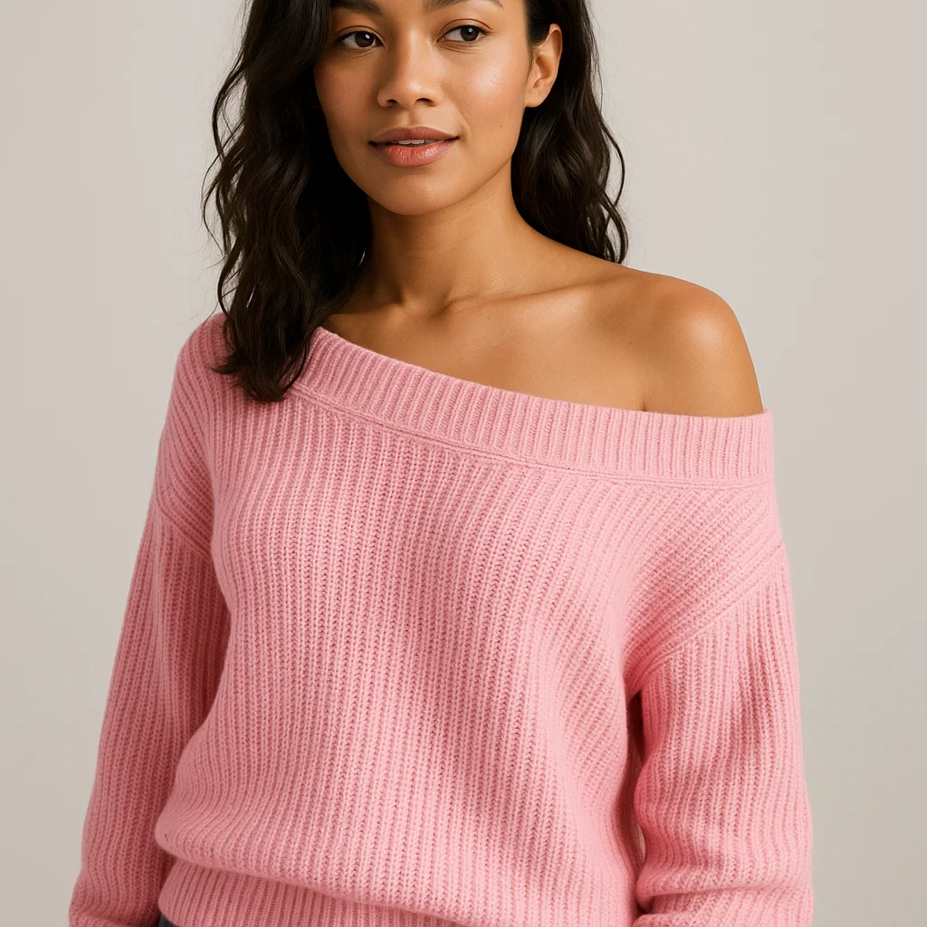 china off shoulder pink cable sweater factory