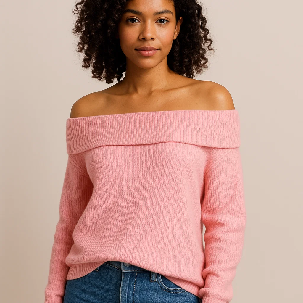 oem off shoulder pink cable sweater supplier