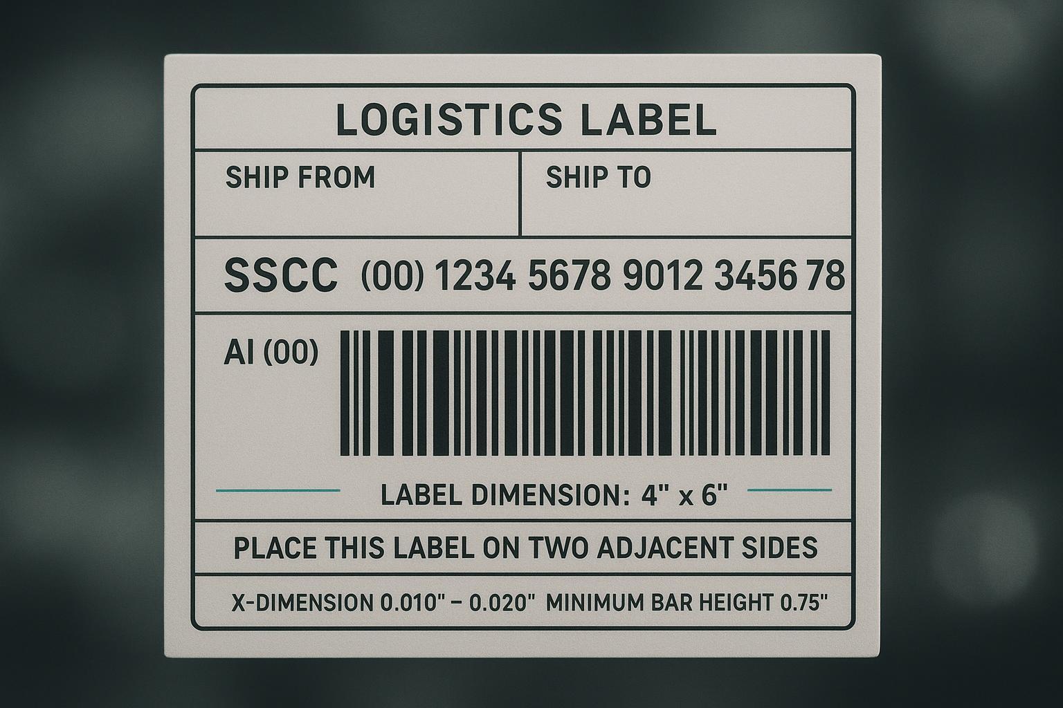 GS1-128 SSCC 4x6 carton label template with annotations and quiet zones.