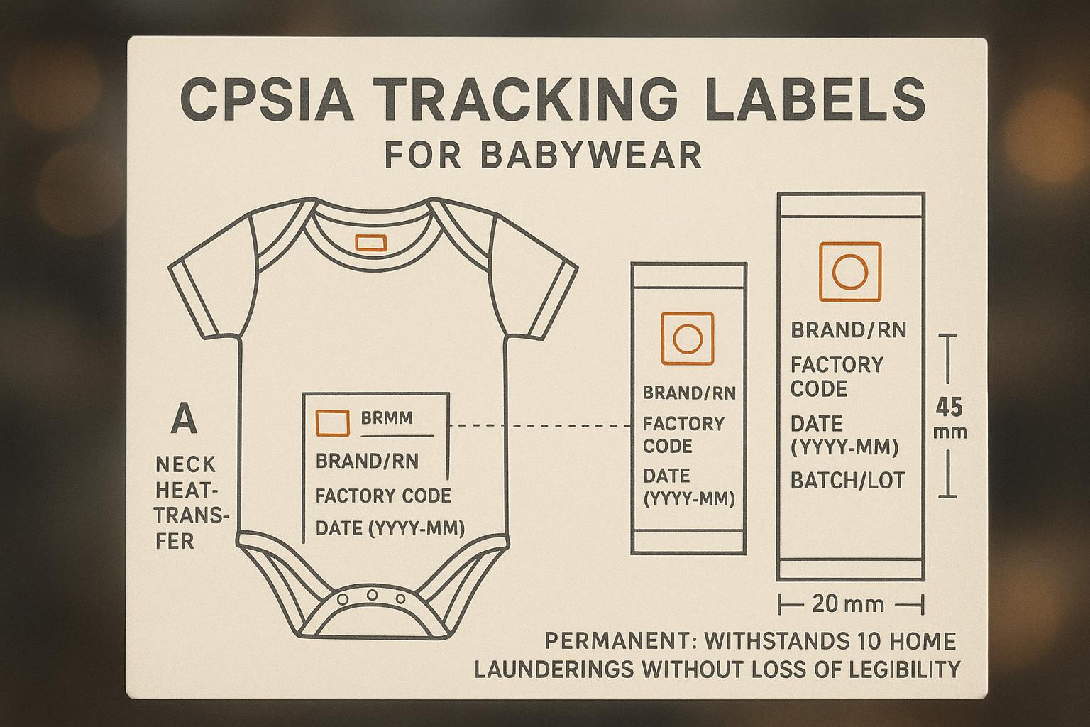 CPSIA tracking label dieline variants for heat-transfer and loop label with placement guides.