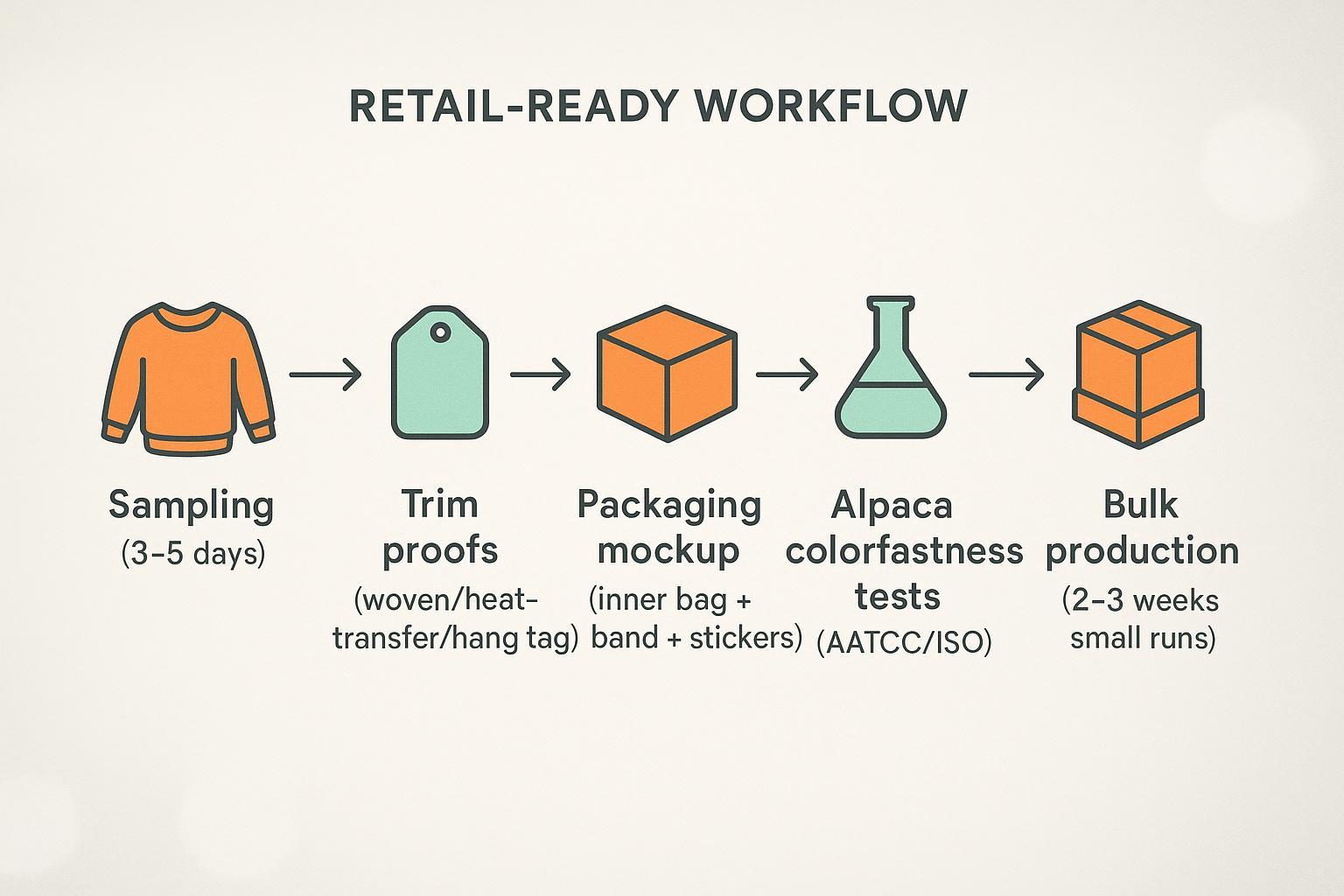 Sampling-to-bulk workflow for low-MOQ alpaca knitwear with trims, packaging, and colorfastness checks