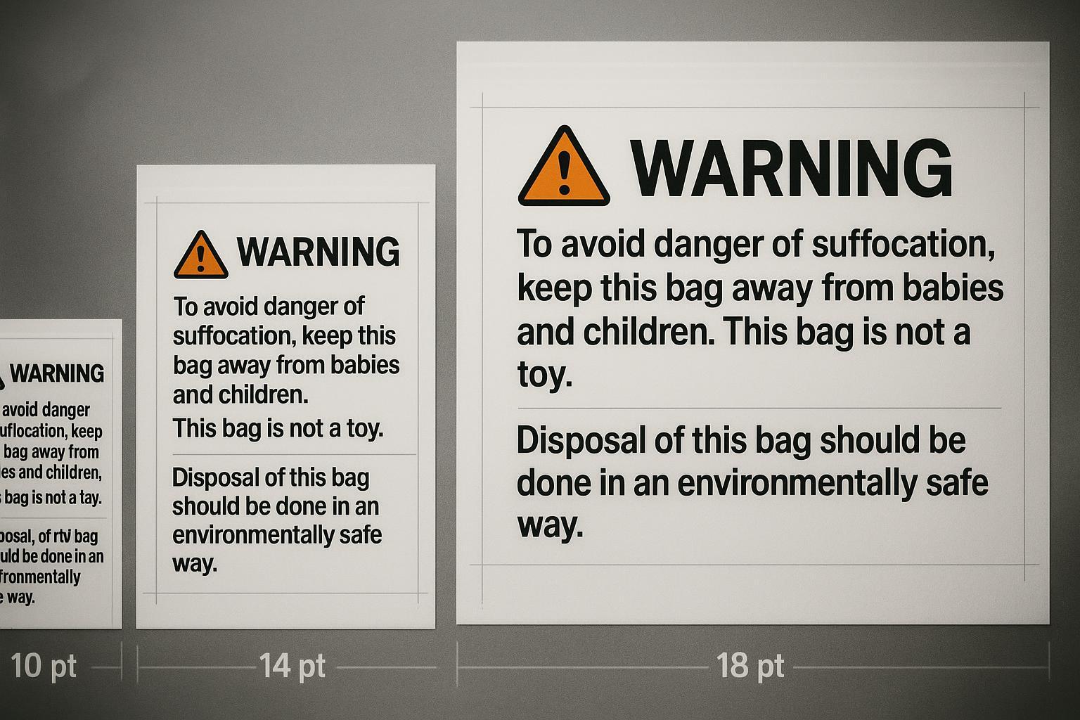 Polybag suffocation warning artwork set with FBA, Massachusetts, and NYC examples and minimum font sizes.