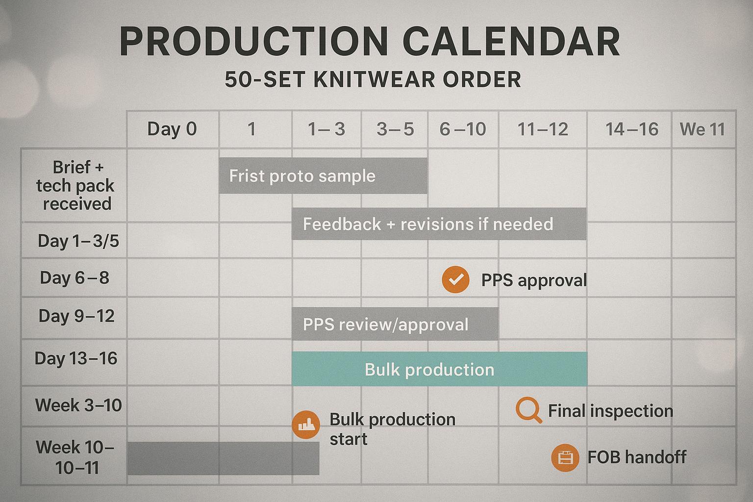 Sample production calendar for a 50-set knitwear order, showing 3–5 day sampling and 6–8 week bulk after PPS approval.