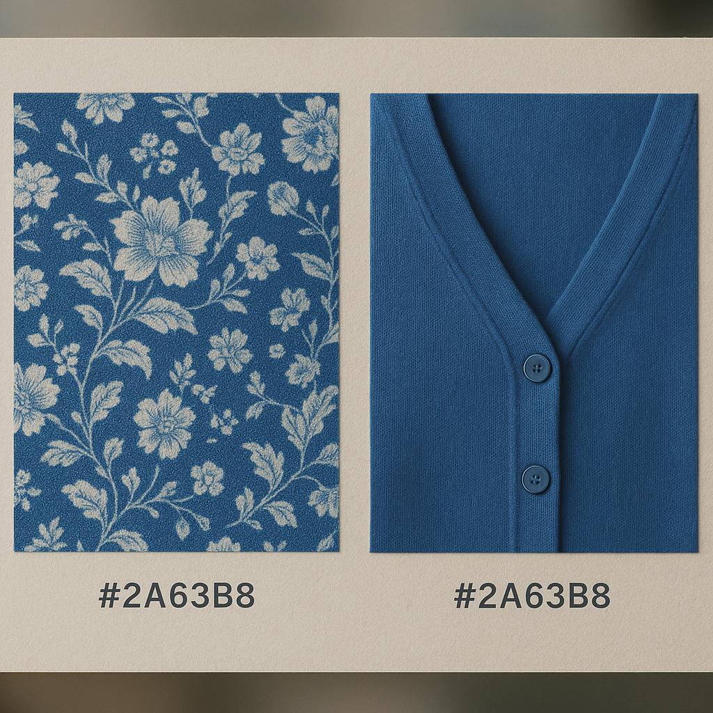 Side-by-side swatches showing dress print and matching cardigan blue with identical hex codes