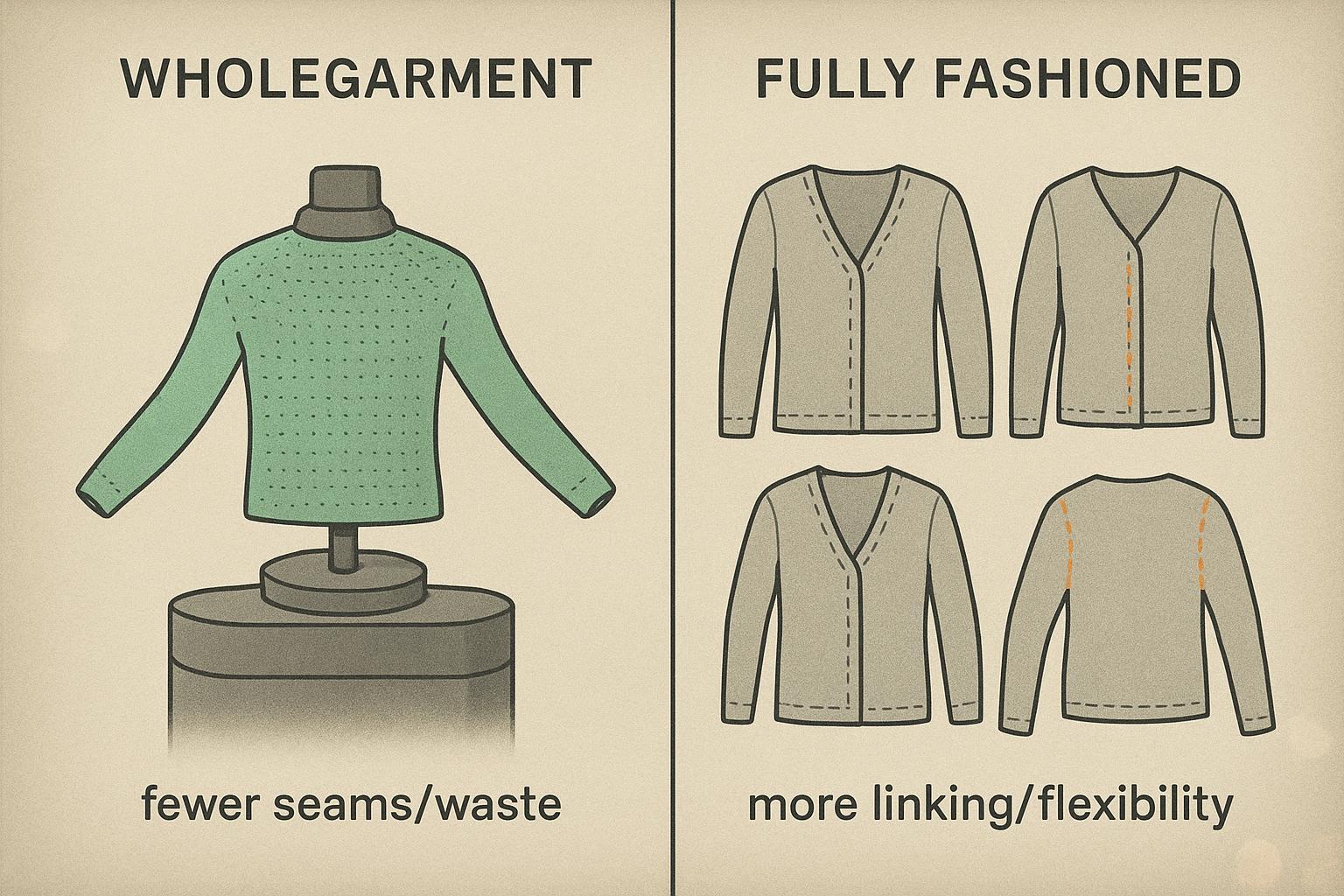 Diagram comparing WHOLEGARMENT seamless cardigan construction versus fully fashioned panels with linking steps.