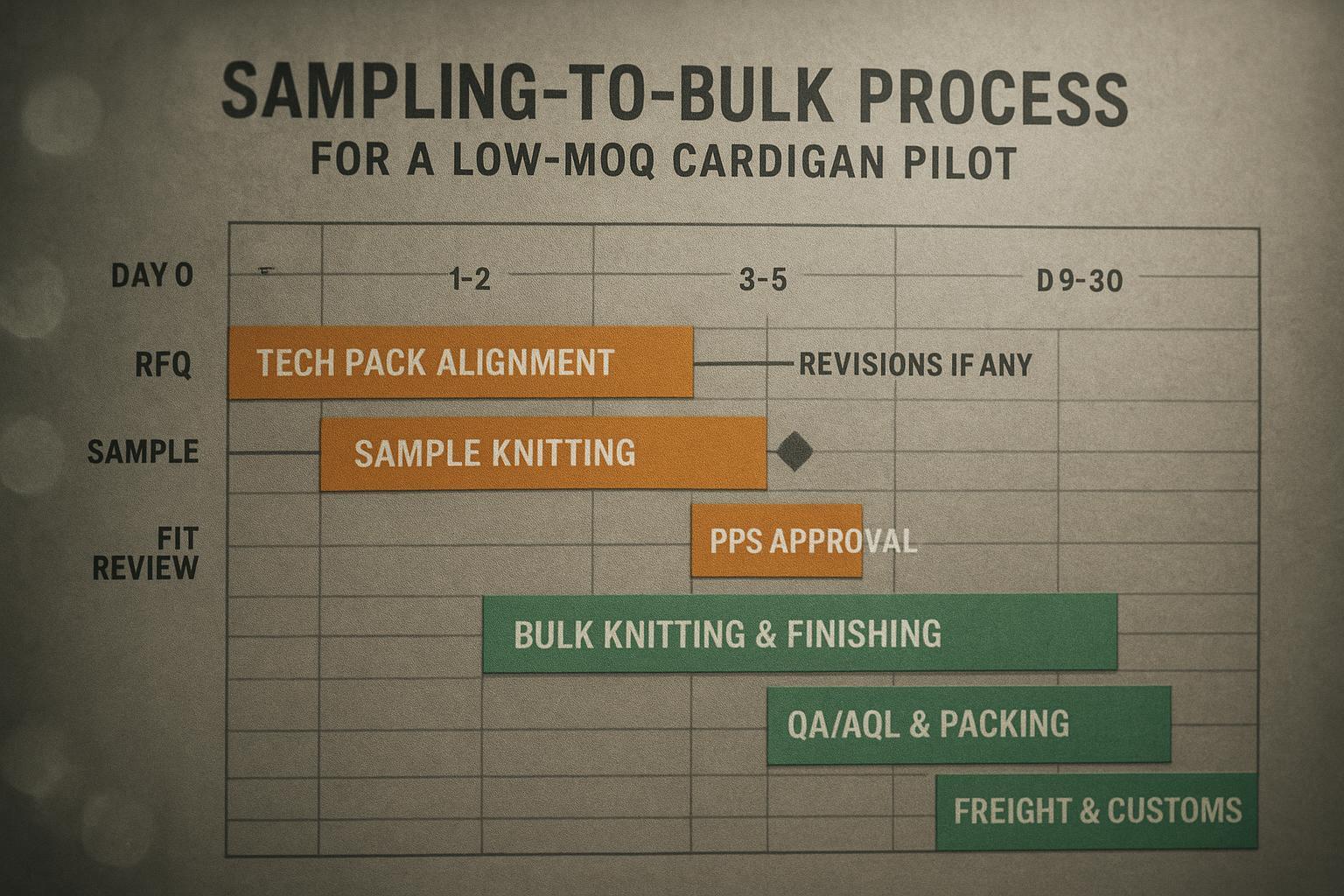 Sampling-to-bulk timeline for a low-MOQ cardigan pilot from RFQ to delivery.