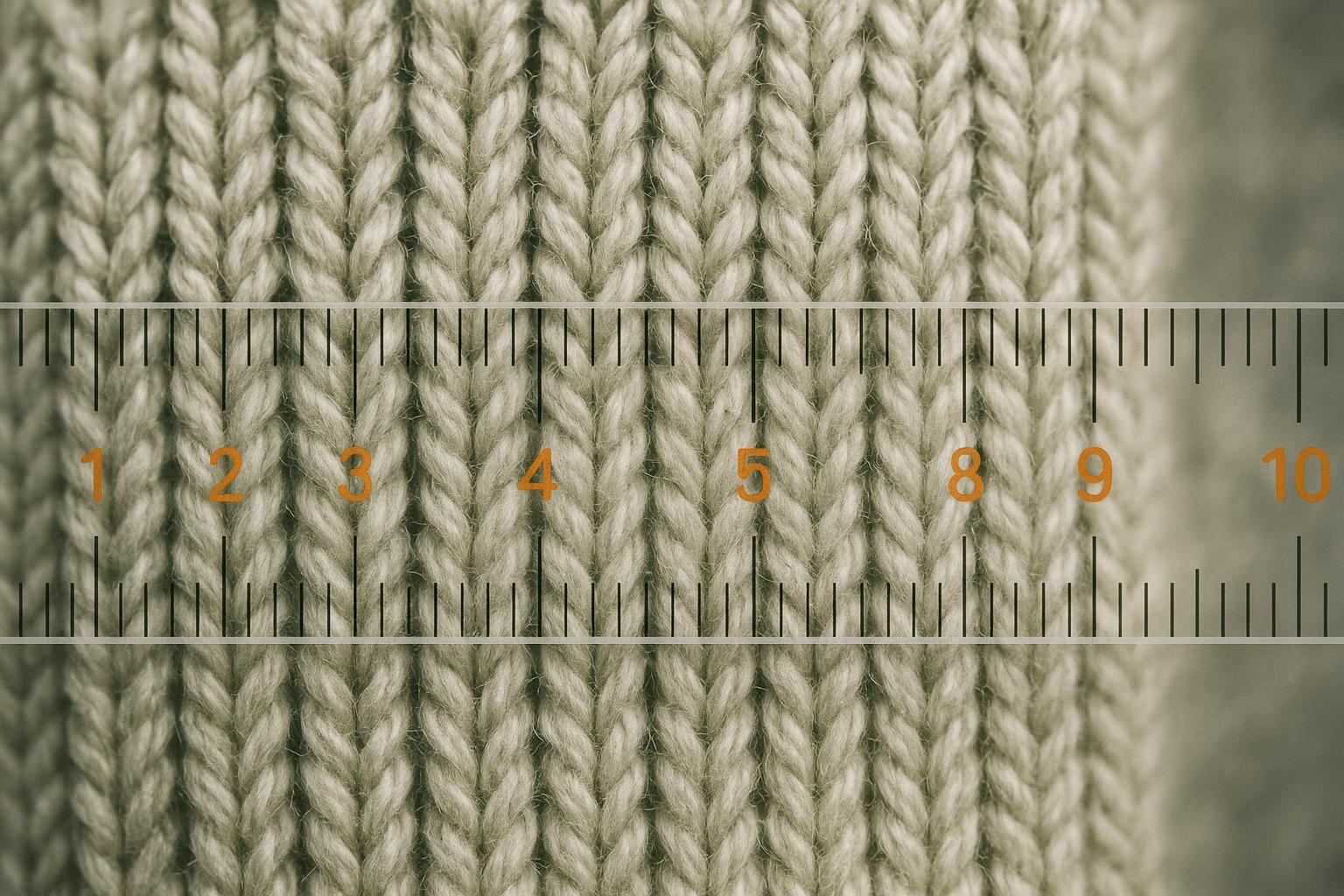 Macro of fine‑gauge knit with ruler overlay showing 10 cm and ~17 stitches counted