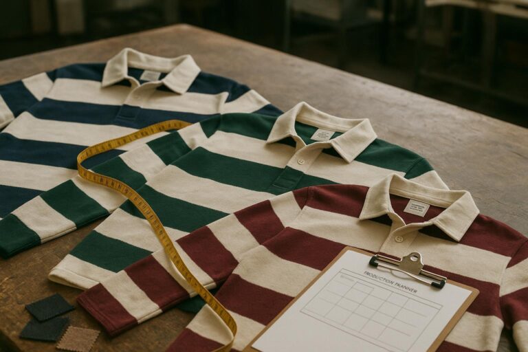 Close-up of yarn-dyed striped rugby polos and sampling tools on a factory table, suggesting low MOQs and fast sampling