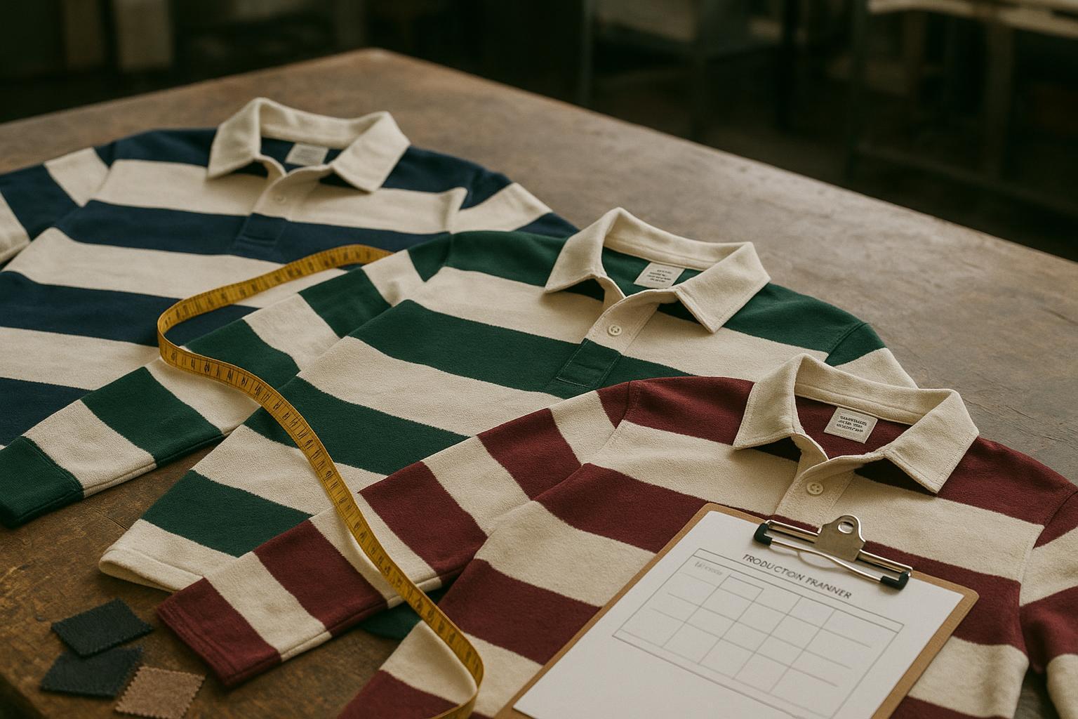 Close-up of yarn-dyed striped rugby polos and sampling tools on a factory table, suggesting low MOQs and fast sampling