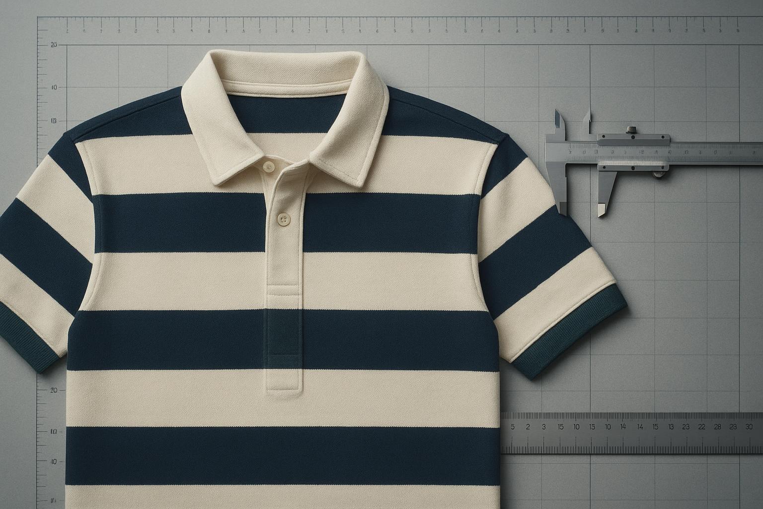 Close-up of striped rugby polo with measurement overlay highlighting stripe alignment at placket and cuff