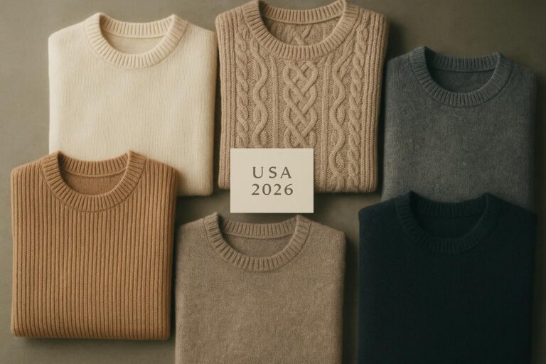 Editorial flat-lay of luxury cashmere and merino sweaters with USA 2026 card