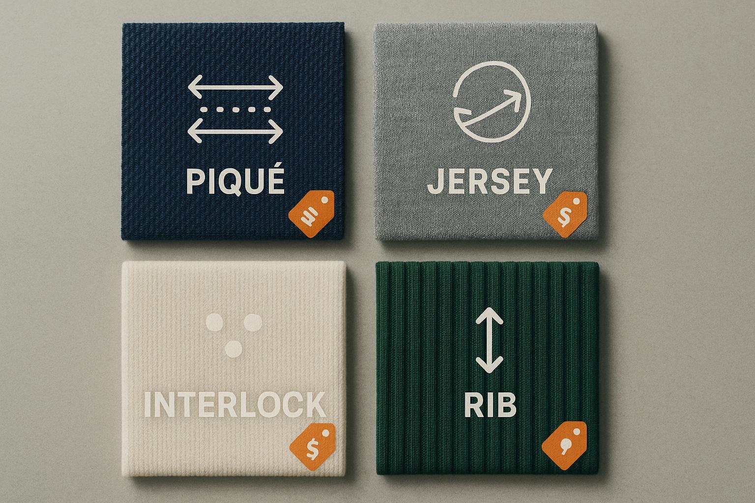 Cover image: four knit swatches—pique, jersey, interlock, rib—with testing icons and cost badge