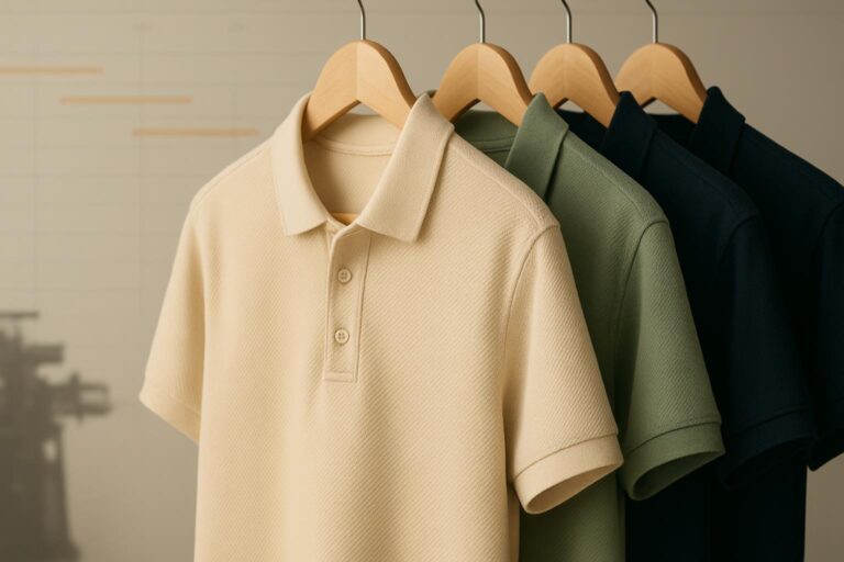 Organic cotton piqué polo shirts on hangers with knit texture and a faint Gantt timeline in the background