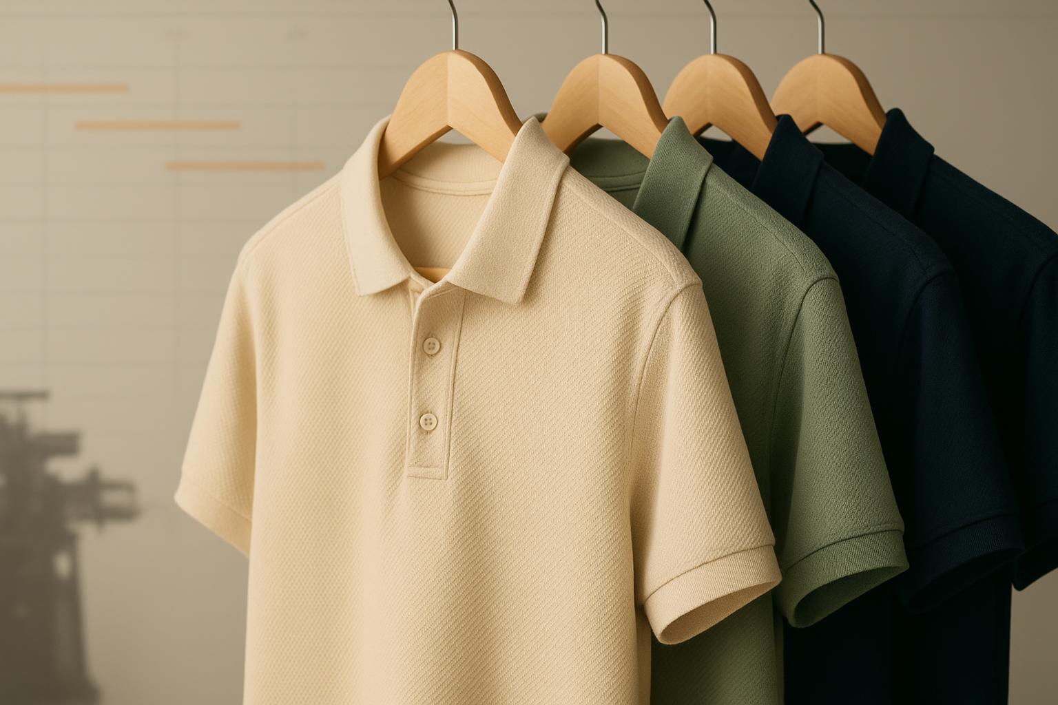 Organic cotton piqué polo shirts on hangers with knit texture and a faint Gantt timeline in the background