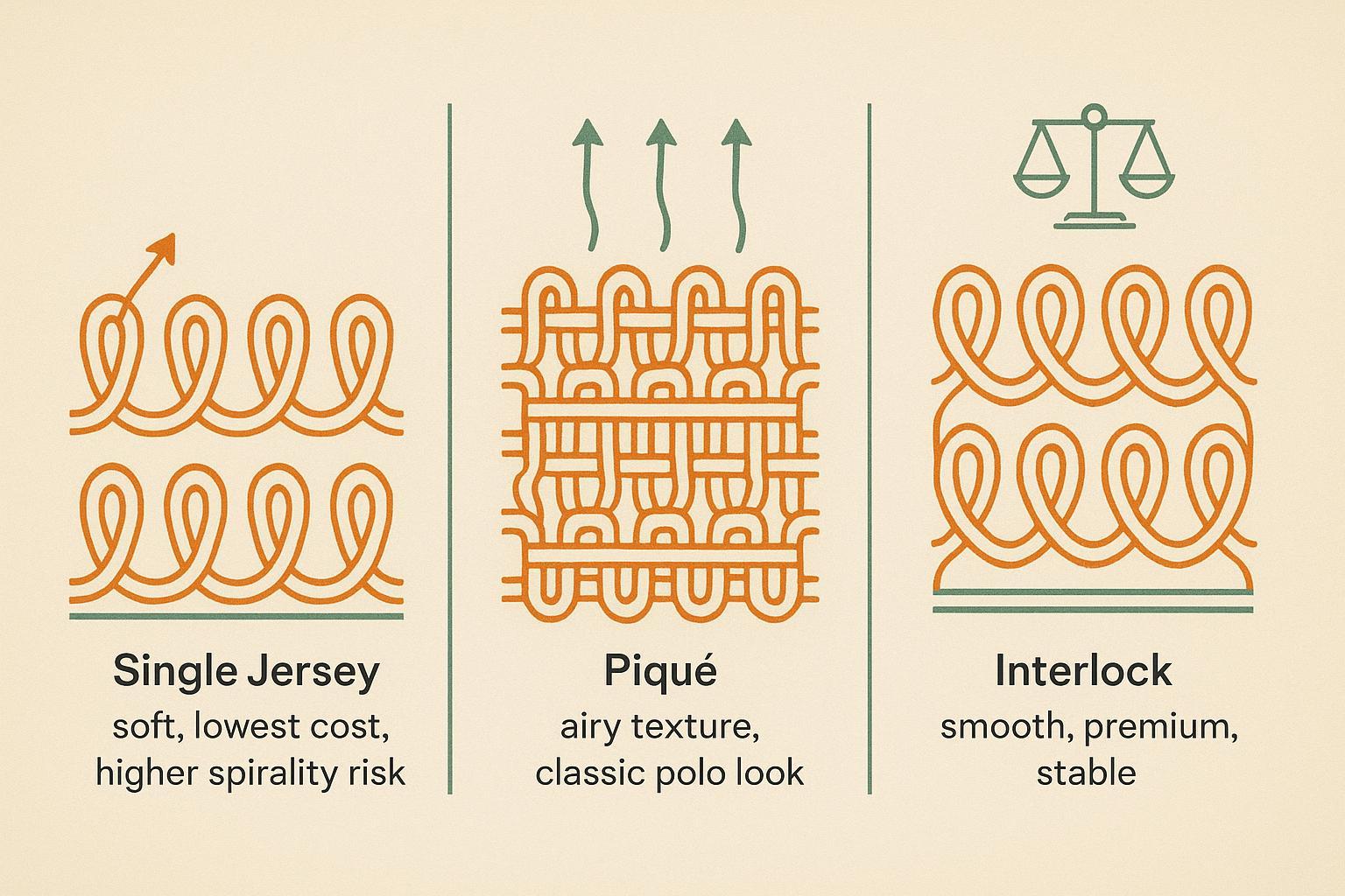 Infographic comparing knit structures: jersey, pique with tuck stitches, and interlock double-knit