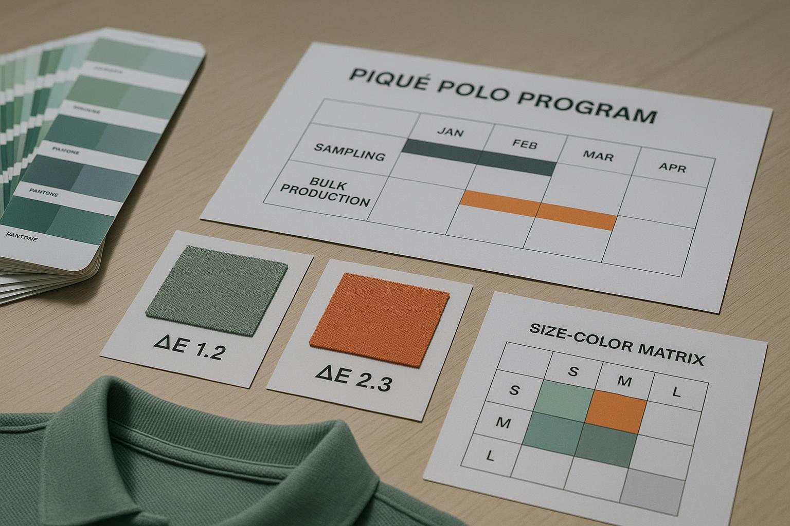 Planning low-MOQ piqué polo production with Pantone swatches, lab-dip samples, and a lead-time timeline on a desk