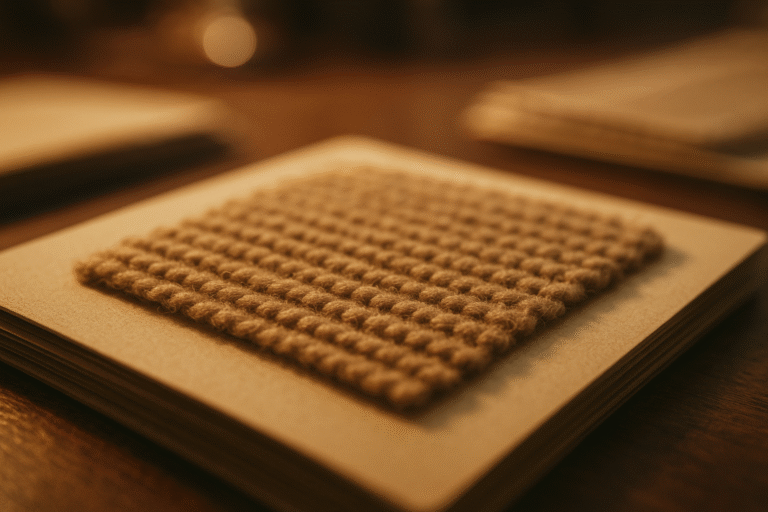 Cinematic close-up of a garter stitch knit swatch showing horizontal ridges
