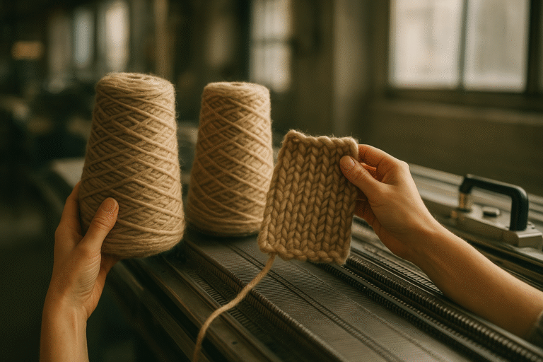 Hands holding chunky yarn cones and a knit swatch in a sampling workshop — low MOQ knitwear manufacturer