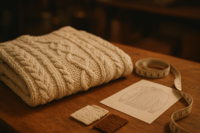 Cinematic photo of a folded cream fisherman cable knit sweater on a worktable with measuring tape and yarn swatches.