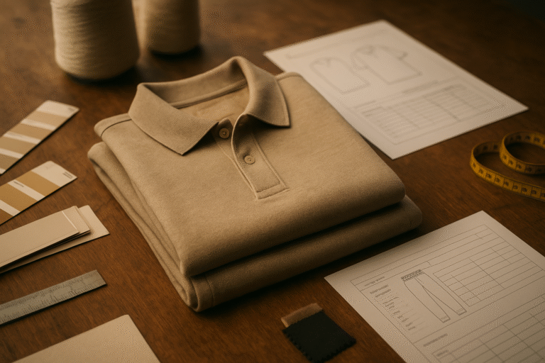 Low MOQ polo sweatsuit set manufacturer guide cover image: cotton polo-collar sweatsuit on a development table with tech pack pages and Pantone chips.