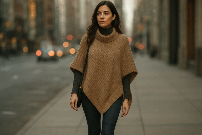 Woman wearing a knit poncho sweater layered over a fitted turtleneck with slim jeans and ankle boots.