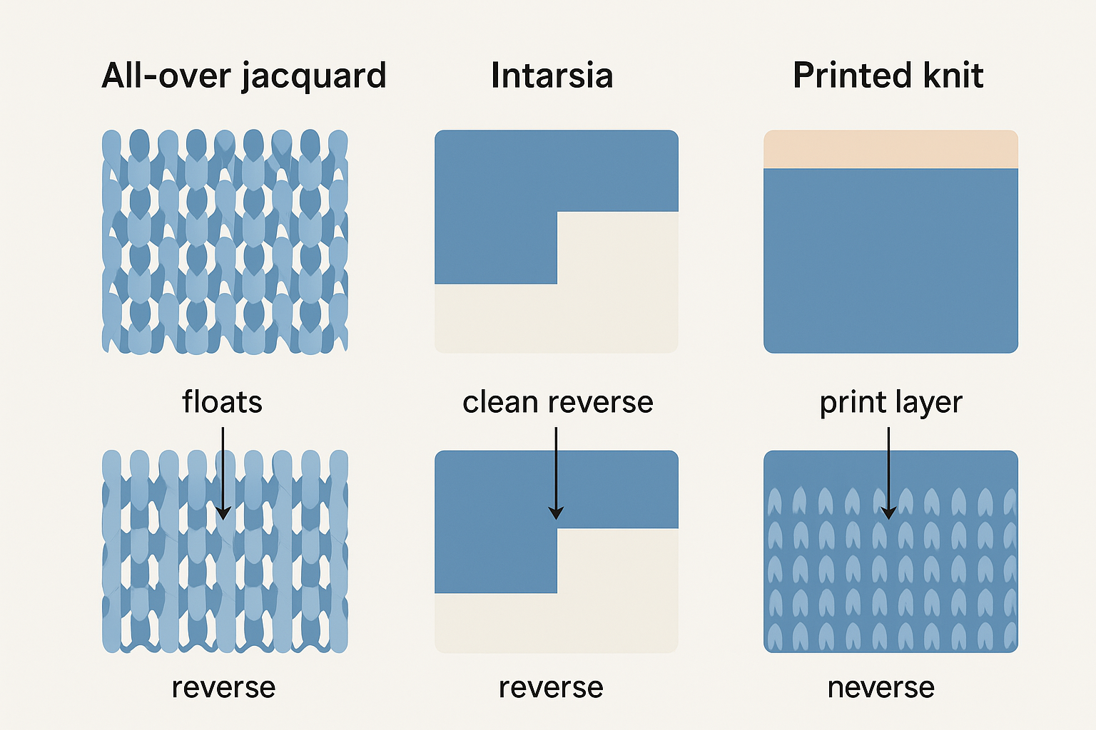 Educational infographic: diagram comparing jacquard floats on reverse vs intarsia clean reverse vs print layer overlay on a knit base