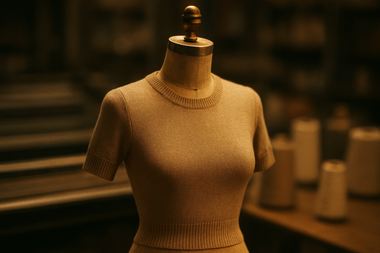 1950s style sweater on a dress form showing high crew neck rib and fitted waist band