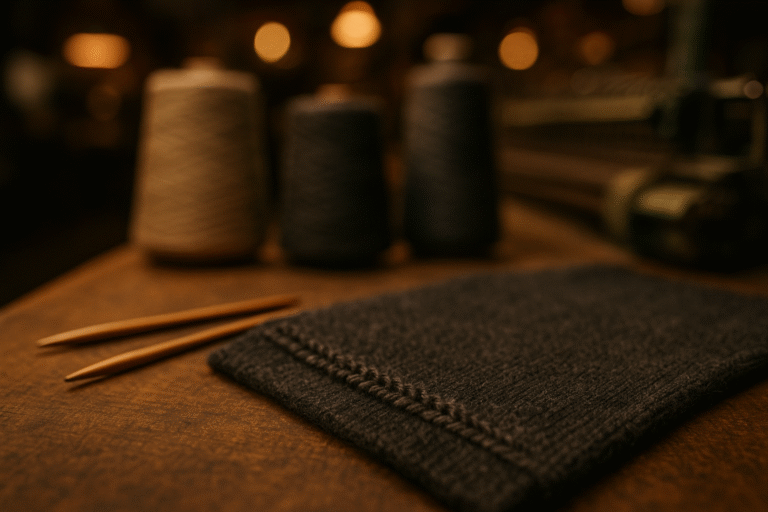 Cinematic close-up of sweater seam construction samples illustrating sweater construction types