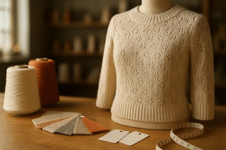 Pointelle sweater sample on a dress form in a knitwear sampling room (low MOQ pointelle sweater manufacturer)