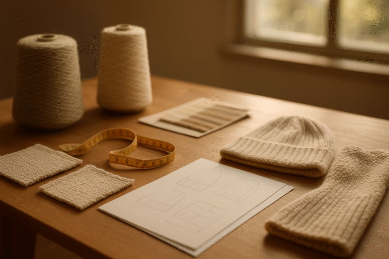 Low MOQ knit accessories manufacturer sampling desk with yarn, swatches, and beanie prototype