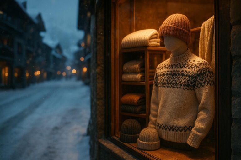 Après-ski knitwear trends 2027 — cinematic alpine retail knitwear display in a snowy resort village