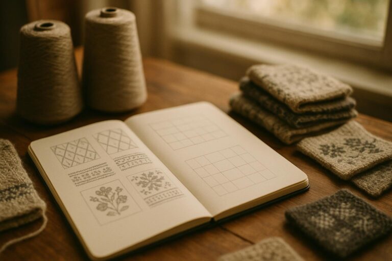 Motifs and graphic elements for knitwear moodboard with yarn swatches and sketches