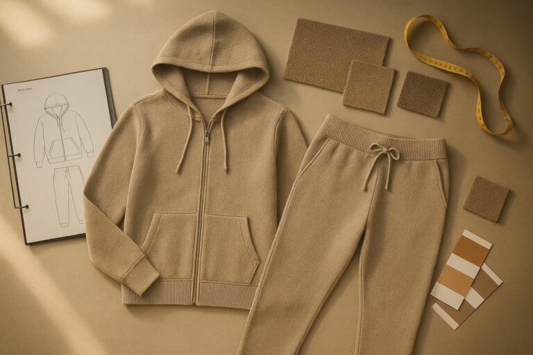 Cinematic photo of a custom knit tracksuit tech pack and knit swatches