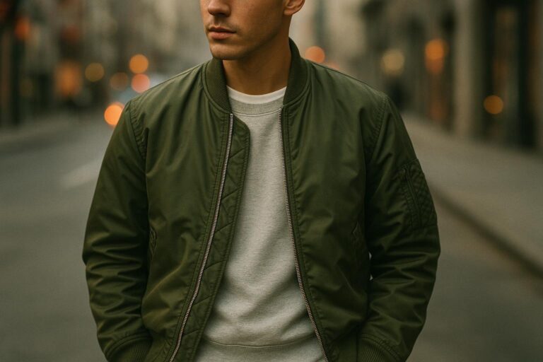 What to wear under a bomber jacket: layered tee and sweatshirt under an olive bomber jacket