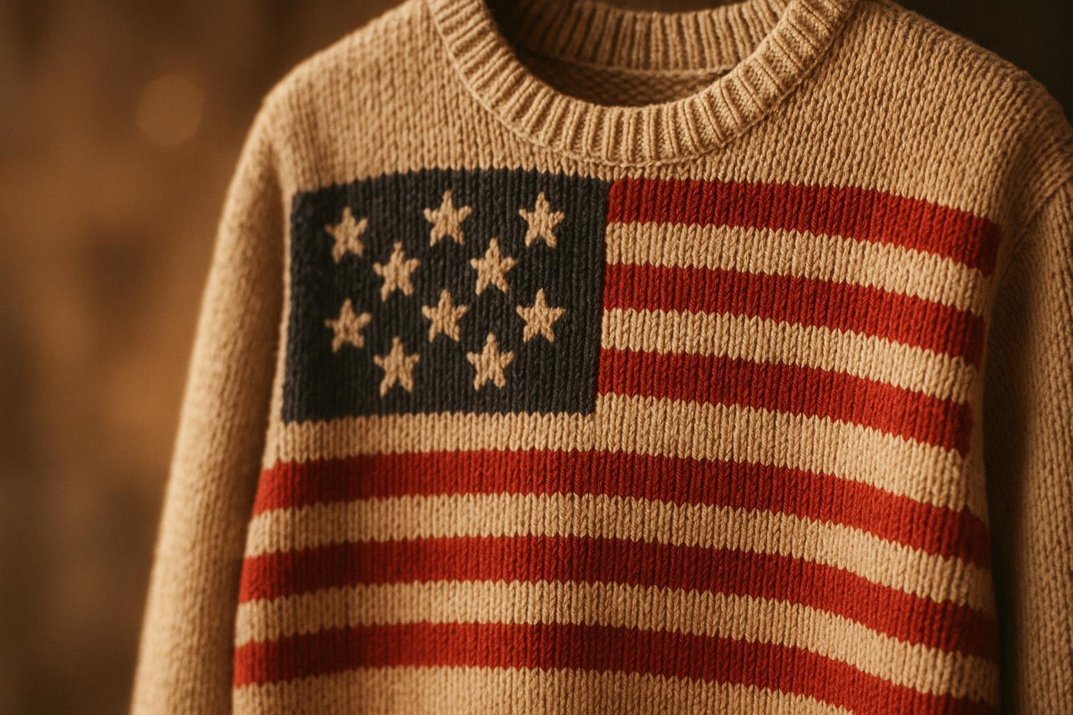 Cinematic close-up of an american flag sweater knit texture with stars-and-stripes motif