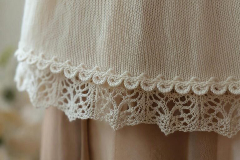 Close-up of a delicate scalloped picot trim and scalloped lace hem edge on fine-gauge knitwear