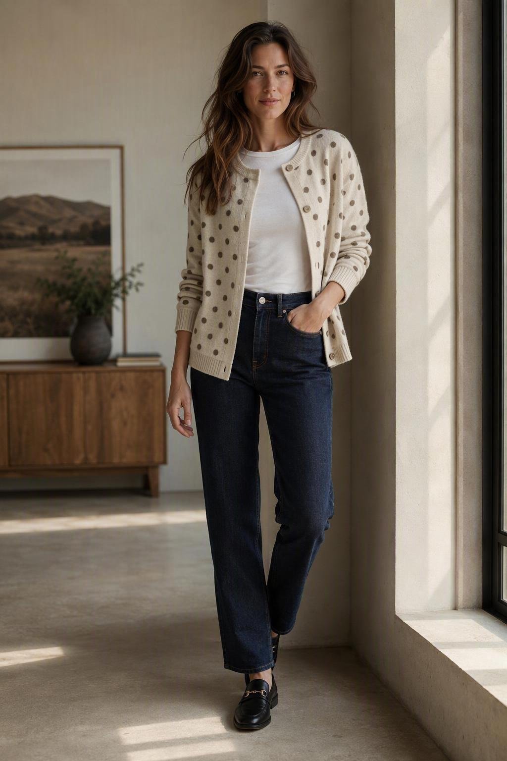 A modern outfit with a tonal cream-and-brown polka dot knit cardigan open over a fitted white tee and straight-leg jeans