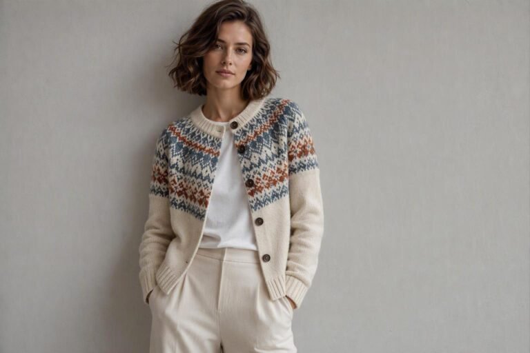 Woman wearing a modern heritage-inspired knit patterned cardigan with a Scandinavian fair-isle geometric motif in cream, petrol blue and rust, over a white tee and trousers