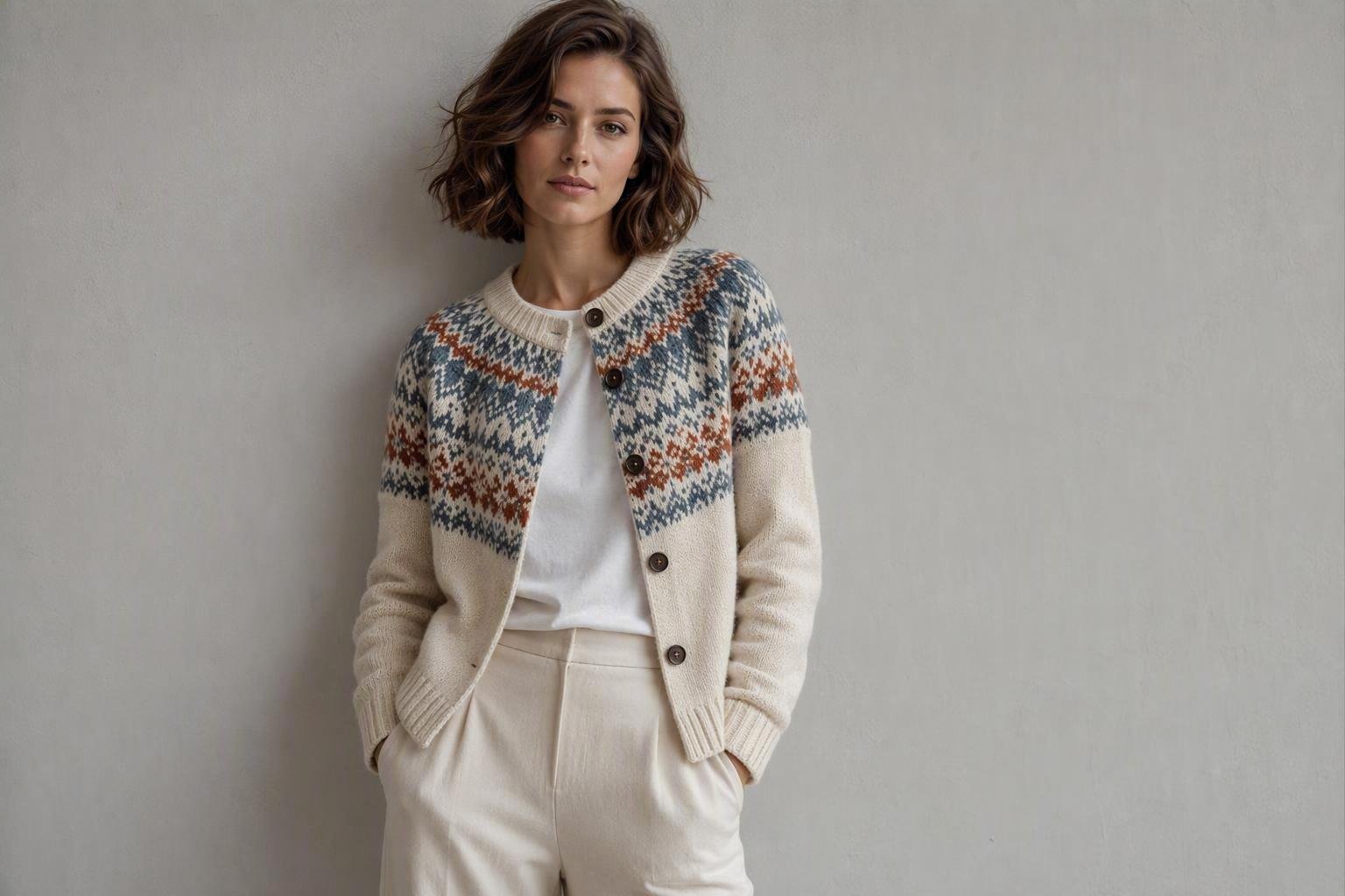 Woman wearing a modern heritage-inspired knit patterned cardigan with a Scandinavian fair-isle geometric motif in cream, petrol blue and rust, over a white tee and trousers