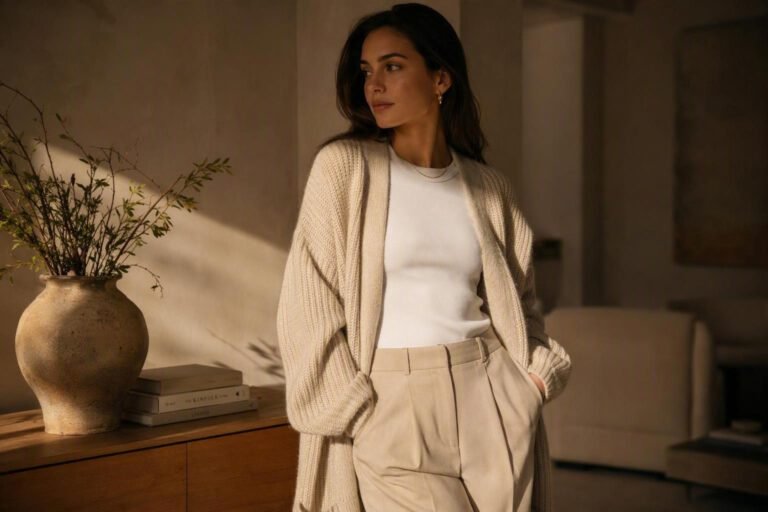 Cinematic editorial photograph of a woman wearing a tonal cream knit cardigan over a white top and tailored trousers in warm light — cardigan atmosphere styling