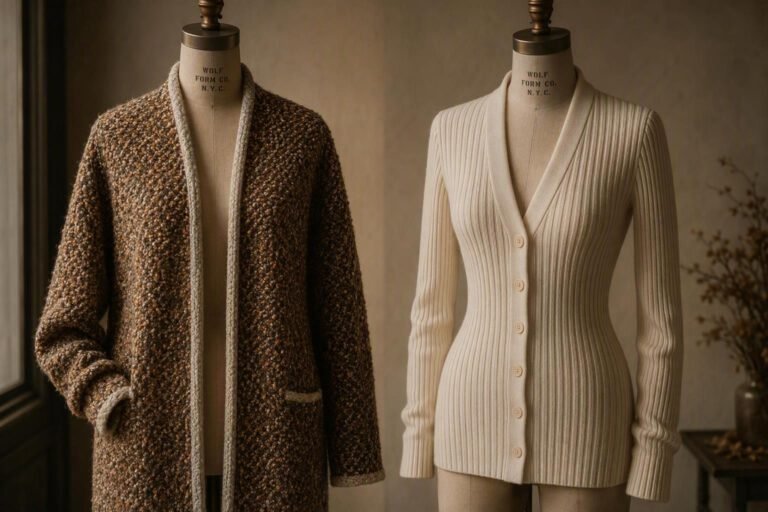 Tweed cardigan compared against a ribbed cardigan, shown as a cinematic side-by-side knitwear campaign still