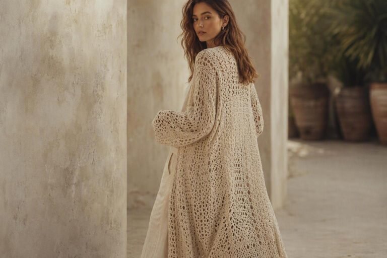 A long crochet-look cardigan in soft cream draped open over a model in warm editorial light.